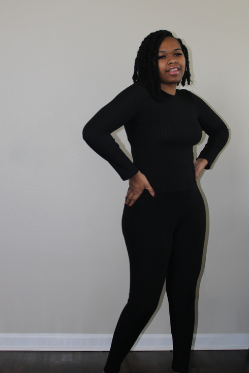 black ribbed mock neck legging set