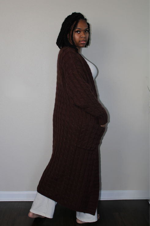 dark brown medium weight long cable knit cardigan with pockets