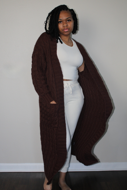 dark brown medium weight long cable knit cardigan with pockets