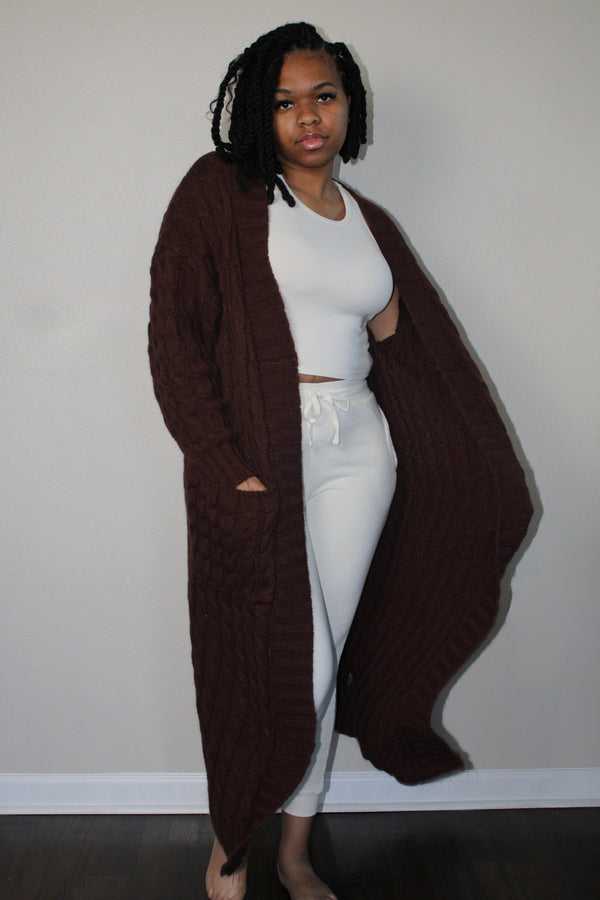 dark brown medium weight long cable knit cardigan with pockets