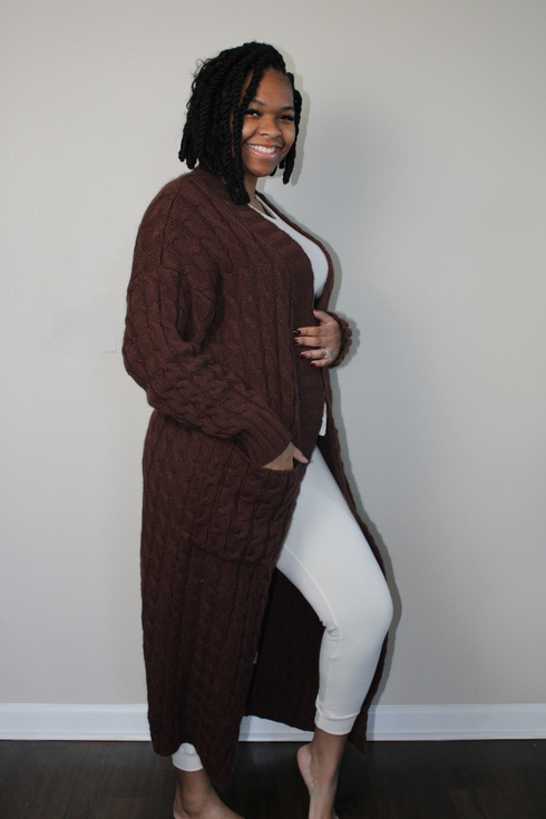 dark brown medium weight long cable knit cardigan with pockets
