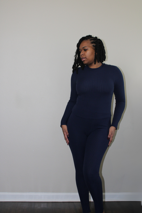 navy ribbed mock neck legging set