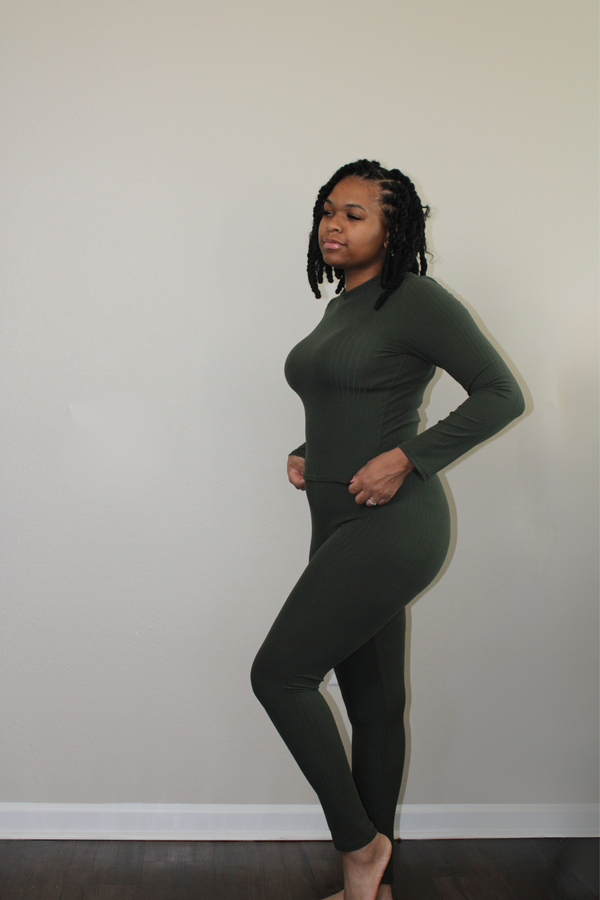 olive ribbed mock neck legging set