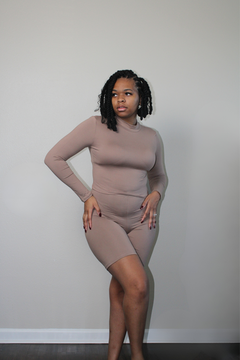 taupe long sleeve mock neck biker set