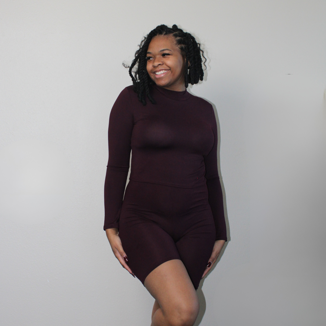 purple long sleeve mock neck biker set